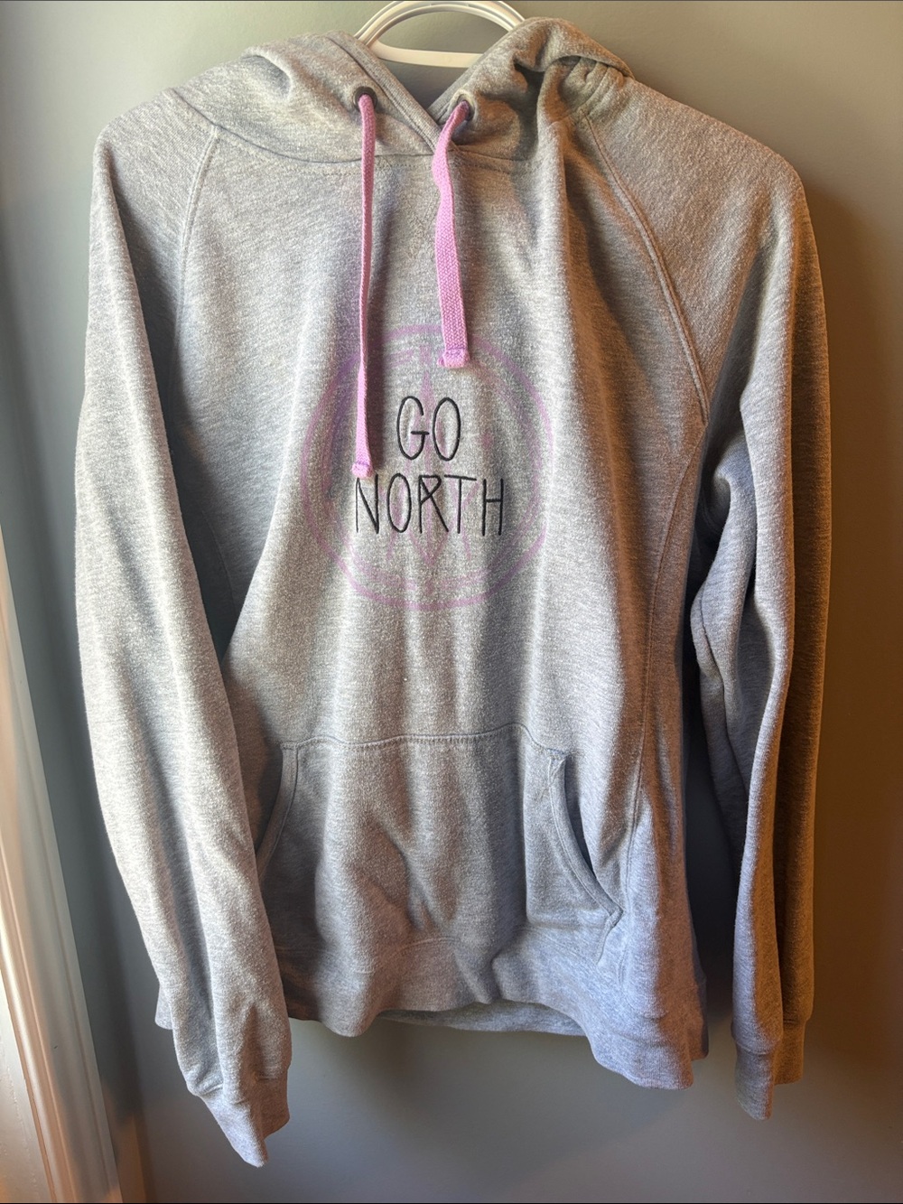 The North Face Light Gray Hoodie with Pink Drawstrings
